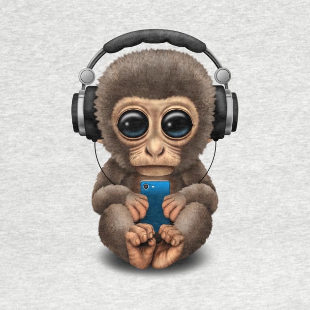 Cute Baby Monkey With Cell Phone Wearing Headphones by jeffbartels